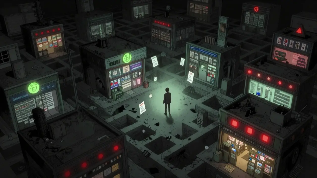 Paysage numérique labyrinthique de pharmacies en ligne en style manga