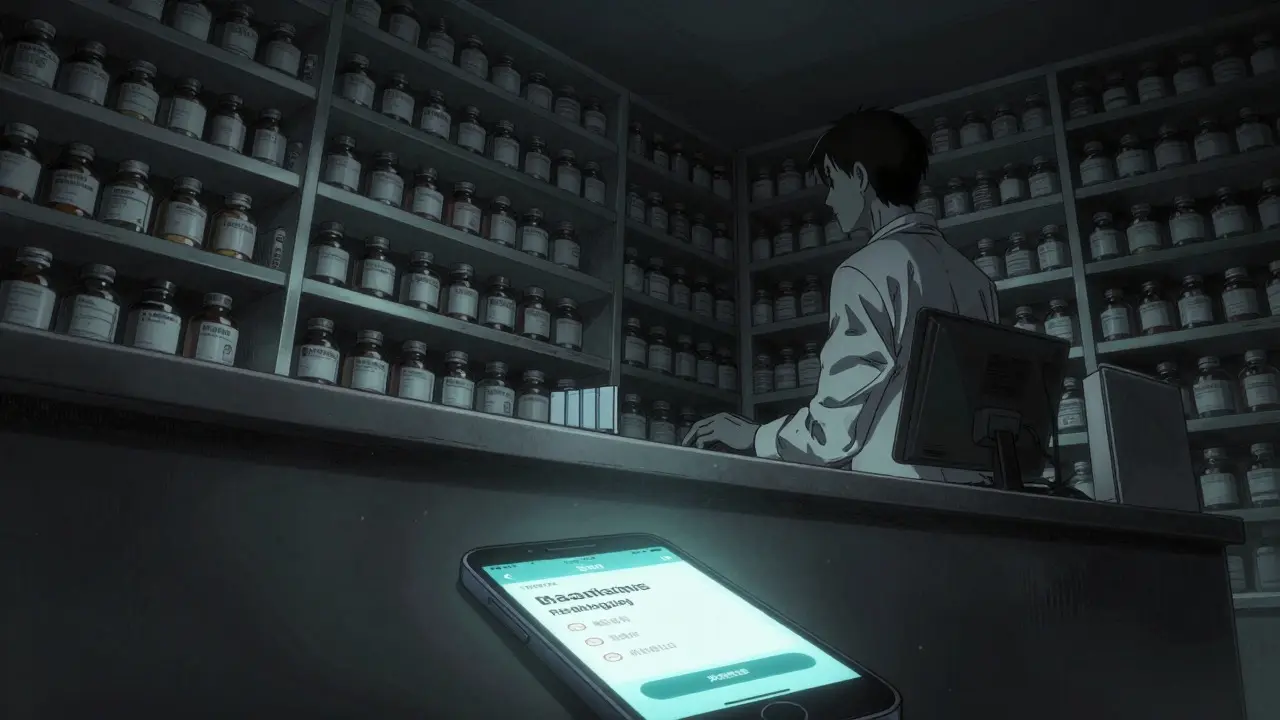 Pharmacist at a counter with shelves of medicine in the dark