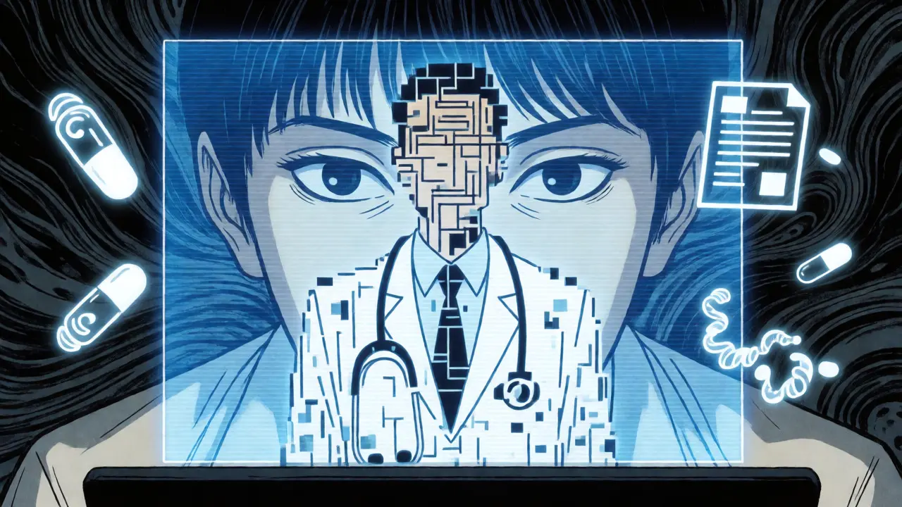 Consultation de télémédecine sur écran bleu avec icônes de médicaments tourbillonnantes.