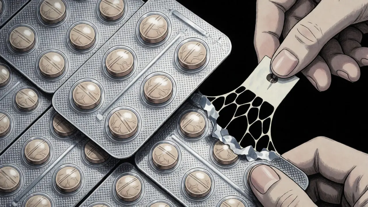 Gros plan artistique sur des plaquettes d'antibiotiques et une main tenant un coupon.